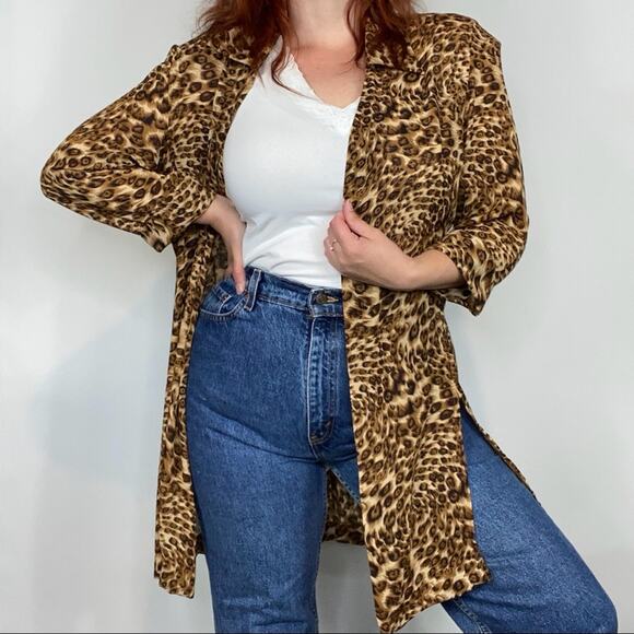 Vintage 90s Studio 1 Plus Size 16 Neutral Leopard Cheetah Print Duster Blouse - Picture 5 of 11
